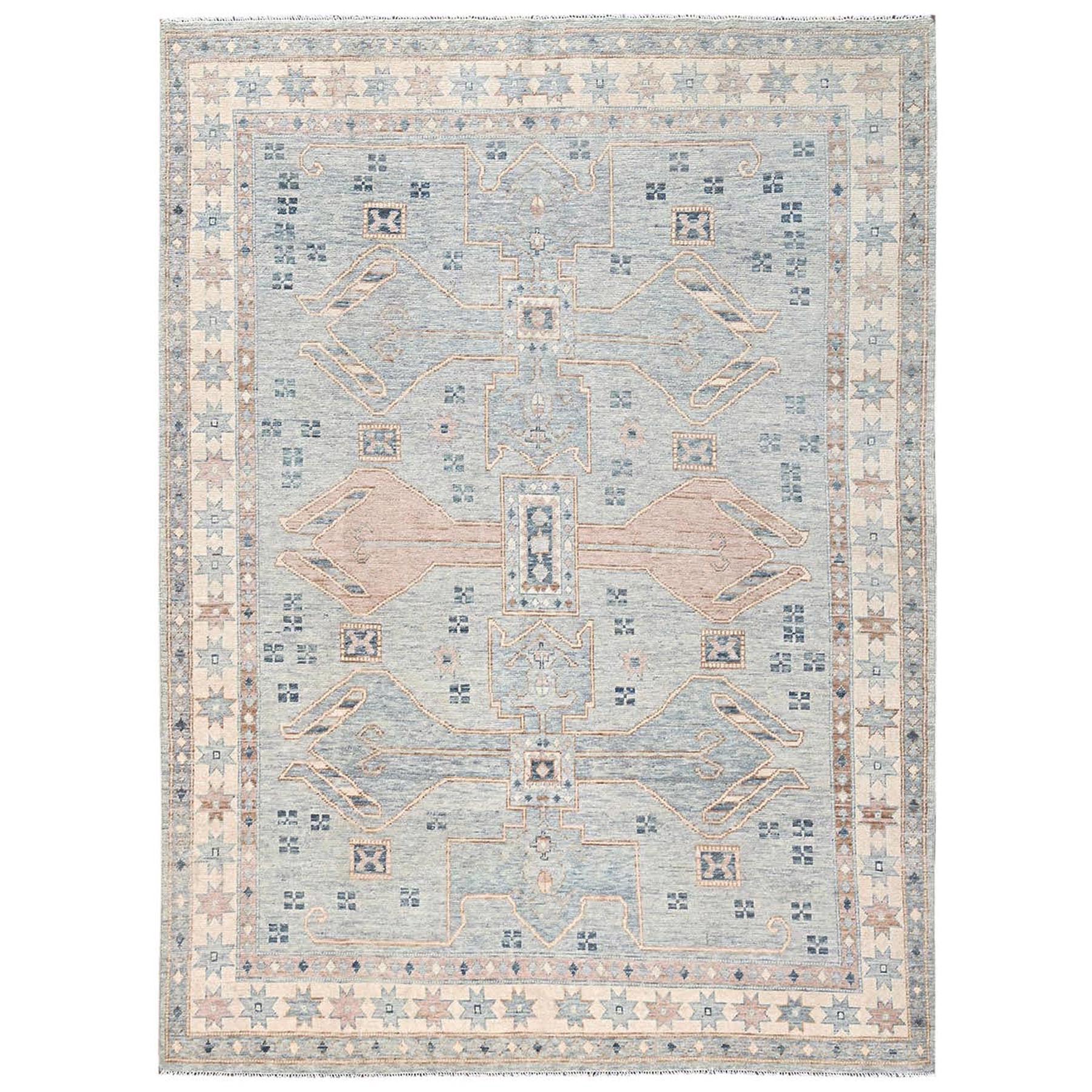 7'8"x10'7" Beau Blue, Anatolian Village Design, Turkish Knot, Hand Knotted, 100% Wool, Zero Pile, Sheared Low, Oriental Rug 